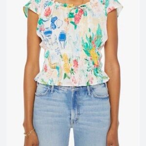 MOTHER White Floral Peplum Short-Sleeve Blouse